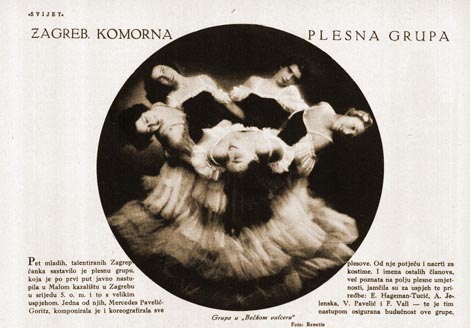 Zagrebačka komorna plesna grupa (M. Pavelić-Goritz, E. Hageman-Tucić, A. Jelenska, V. Pavelić i F. Vall) na prvom nastupu u Malom kazalištu u Zagrebu, 5. travnja 1933.
