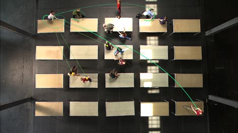 Still from annotated video illustrating the complex system of cueing in One Flat Thing, reproduced Credit: Synchronous Objects Project, The Ohio State University and The Forsythe Company
